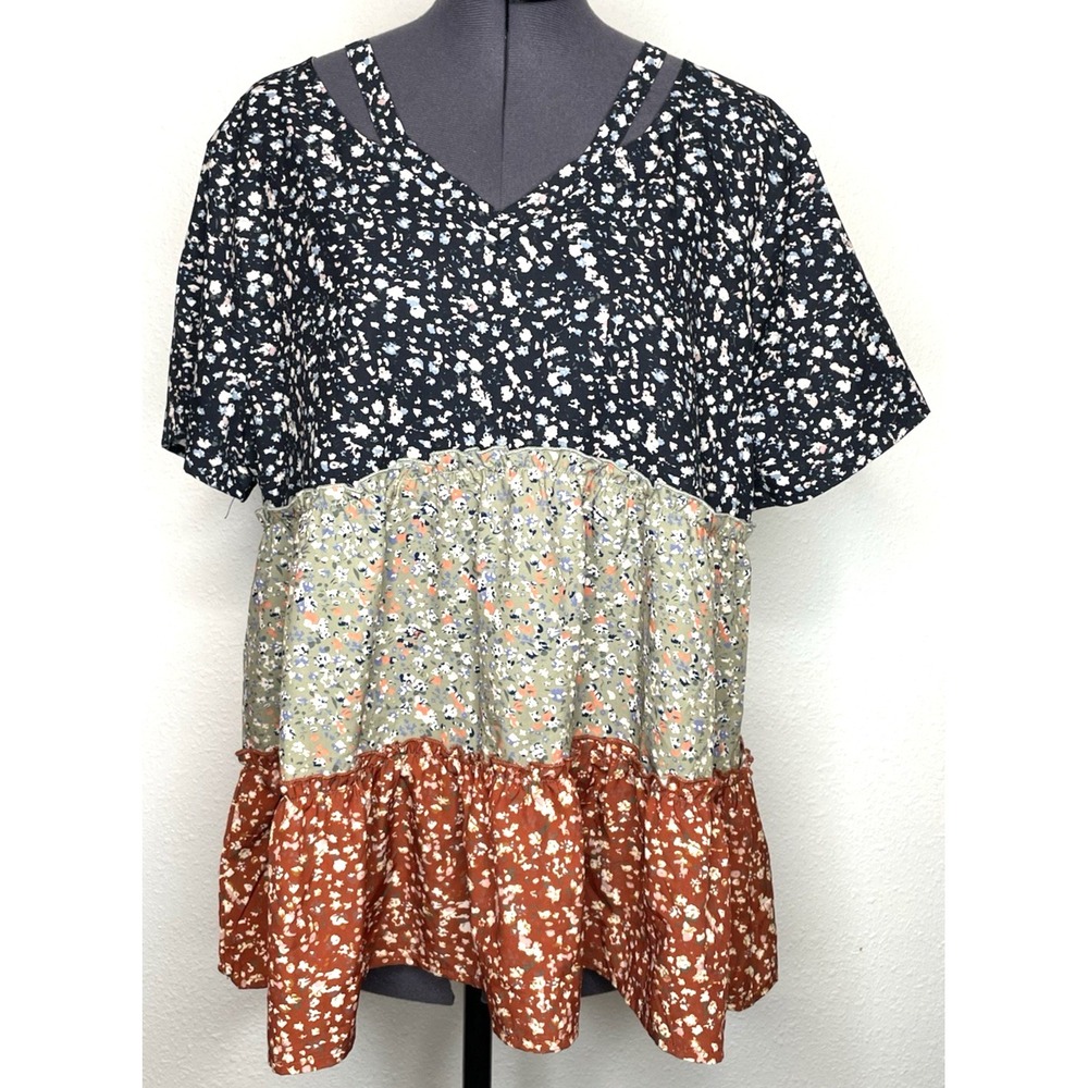 Women Top Ditsy Floral Tiered Babydoll XL Navy Green Orange